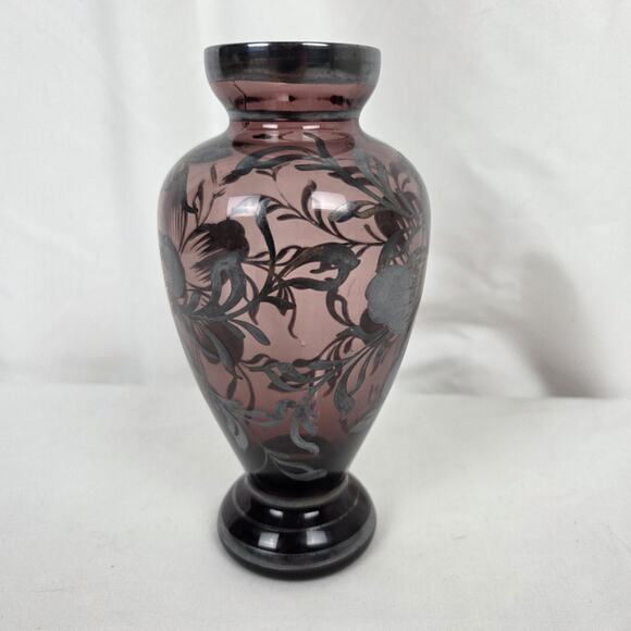 Vintage Amethyst Hand Blown Glass Vase Floral Silver Overlay 5.5" Purple Flowers - Picture 4 of 12